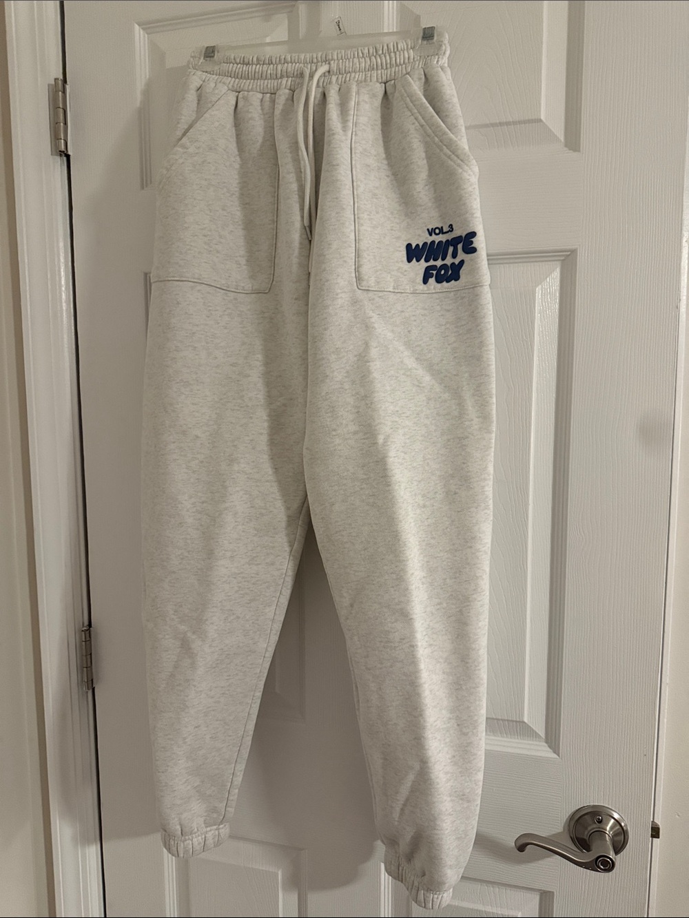 White Fox Boutique Light Gray Track Joggers with Navy Logo